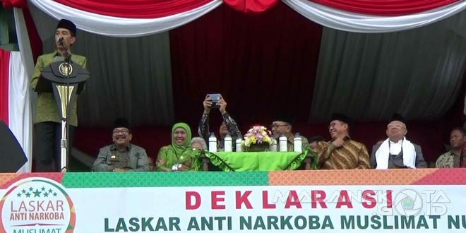 Presiden RI Joko Widodo menyampaikan apresiasinya dengan adanya deklarasi Laskar Antinarkoba Muslimat NU, Sabtu (26/3)